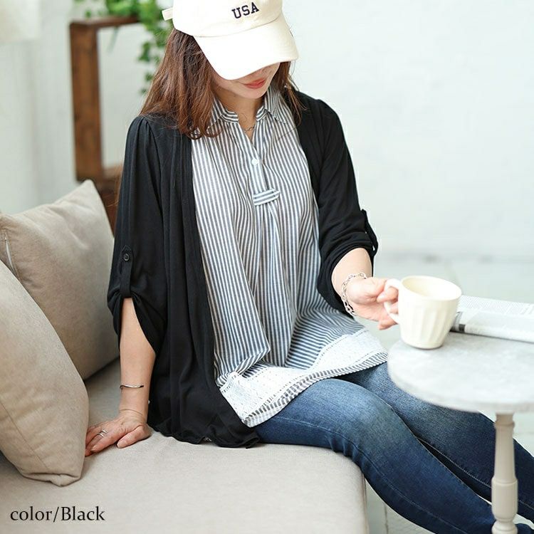 大きいサイズ レディース フェイクレイヤード裾レースストライププルオーバー　plan-240046 【メール便可】