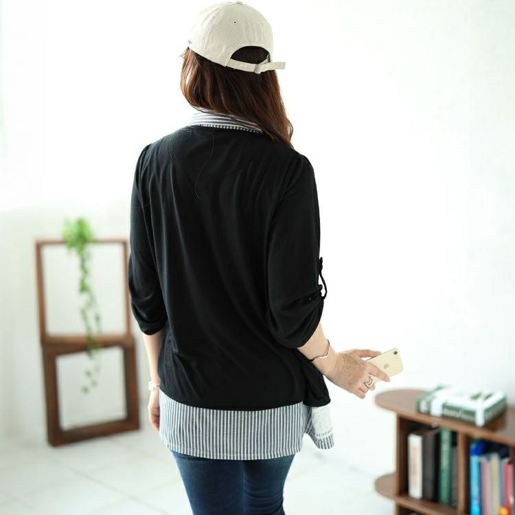 大きいサイズ レディース フェイクレイヤード裾レースストライププルオーバー　plan-240046 【メール便可】