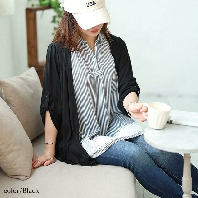 大きいサイズ レディース フェイクレイヤード裾レースストライププルオーバー　plan-240046 【メール便可】 ブラック