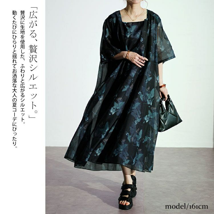 大きいサイズ レディース ボタニカル柄シアーワンピース　nw-24023
