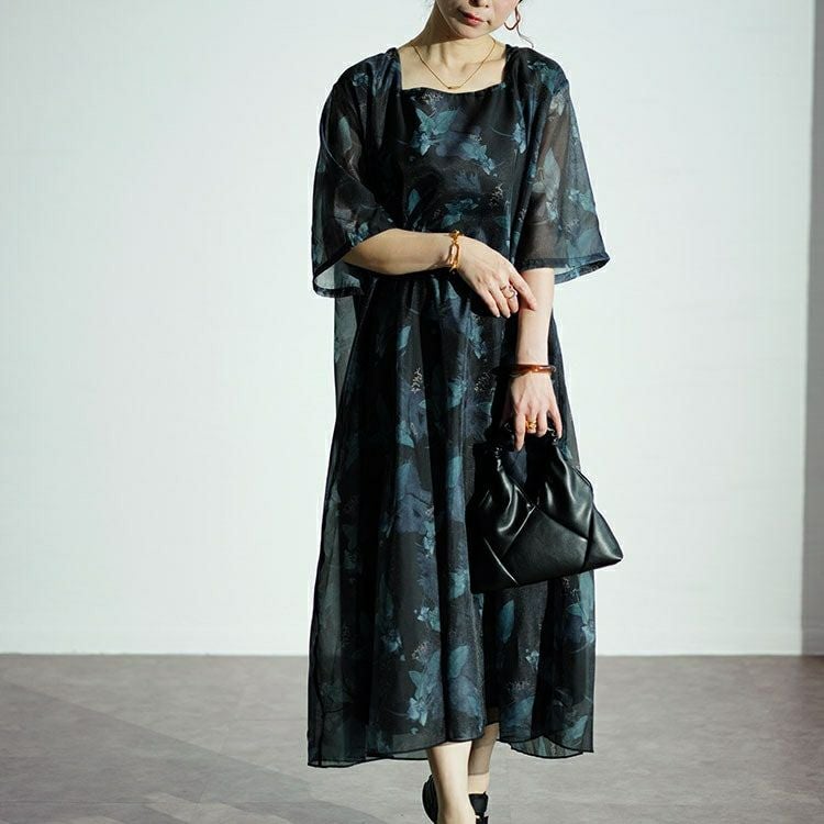 大きいサイズ レディース ボタニカル柄シアーワンピース　nw-24023