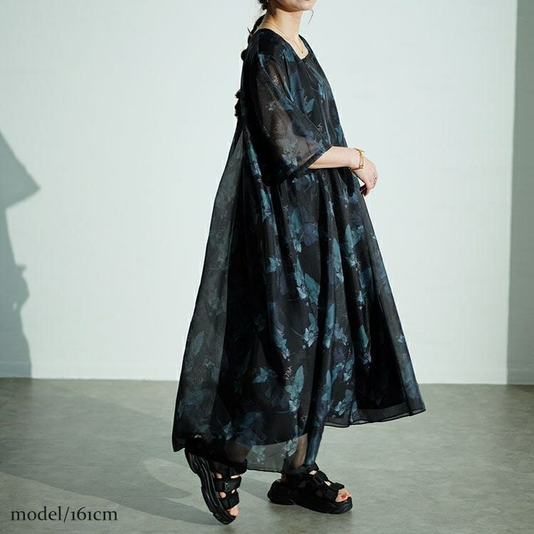 大きいサイズ レディース ボタニカル柄シアーワンピース　nw-24023