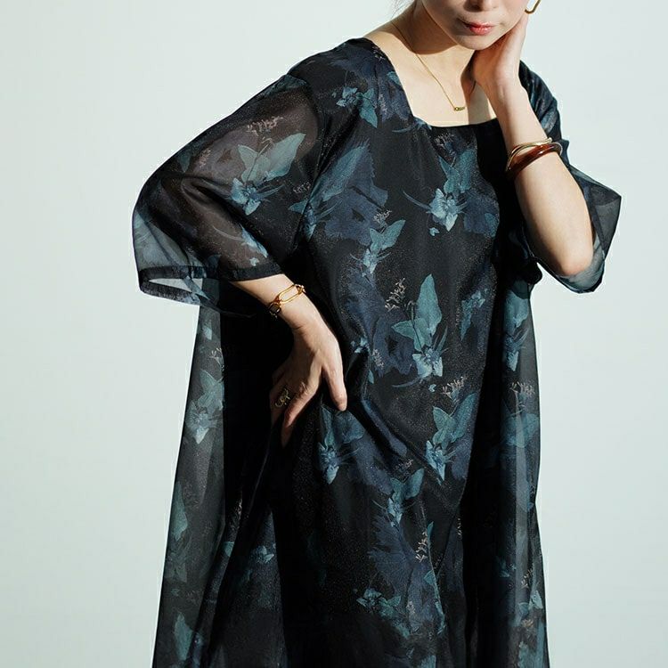 大きいサイズ レディース ボタニカル柄シアーワンピース　nw-24023