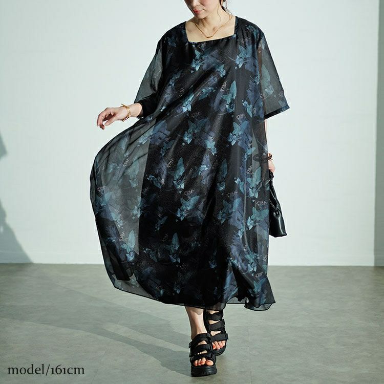 大きいサイズ レディース ボタニカル柄シアーワンピース　nw-24023