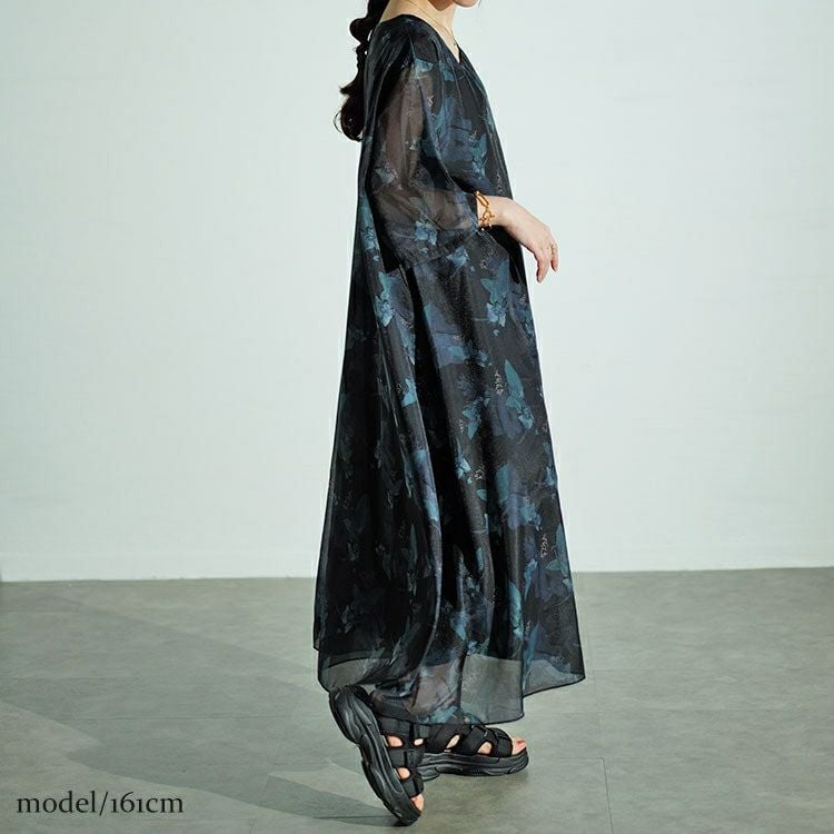 大きいサイズ レディース ボタニカル柄シアーワンピース　nw-24023