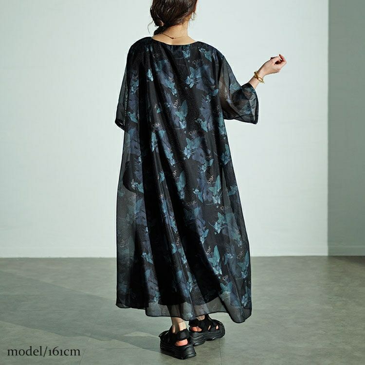 大きいサイズ レディース ボタニカル柄シアーワンピース　nw-24023