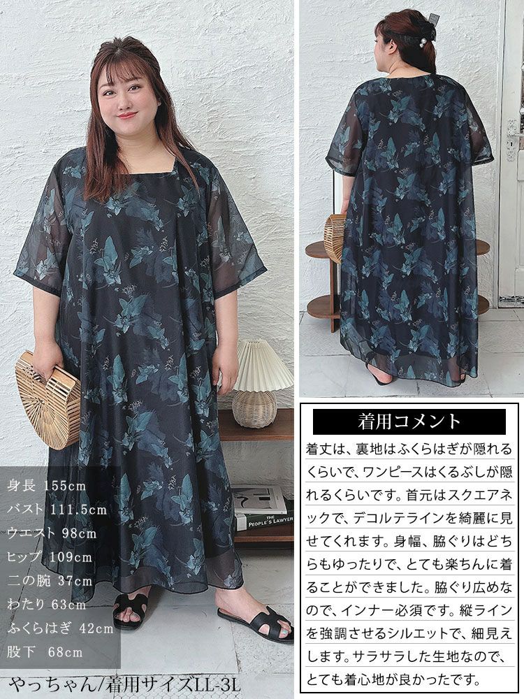 大きいサイズ レディース ボタニカル柄シアーワンピース　nw-24023