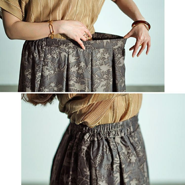 大きいサイズ レディース ボタニカル柄フロッキープリントタックフレアスカート　nw-24022