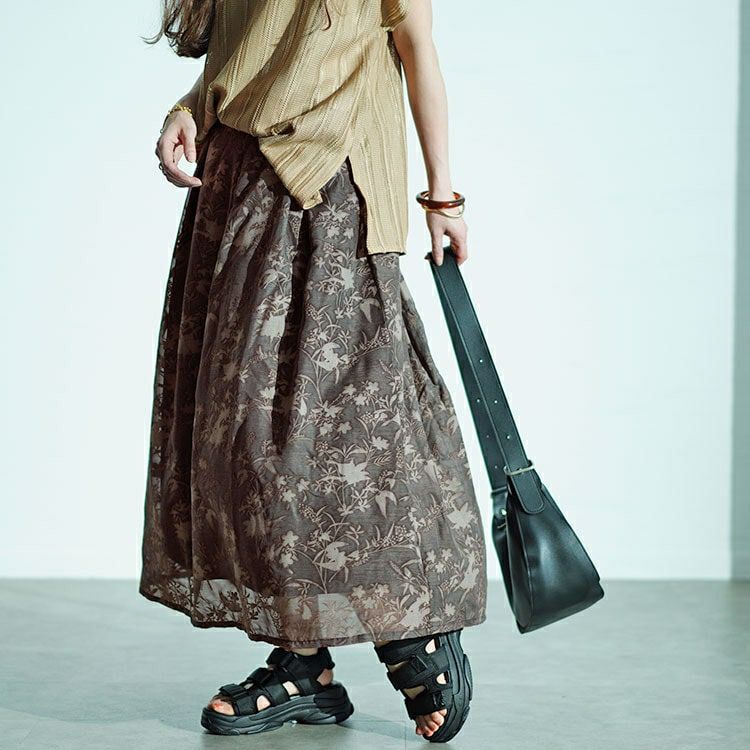 大きいサイズ レディース ボタニカル柄フロッキープリントタックフレアスカート　nw-24022