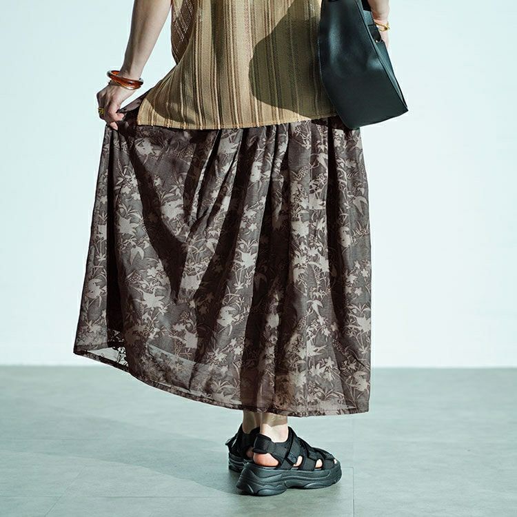 大きいサイズ レディース ボタニカル柄フロッキープリントタックフレアスカート　nw-24022