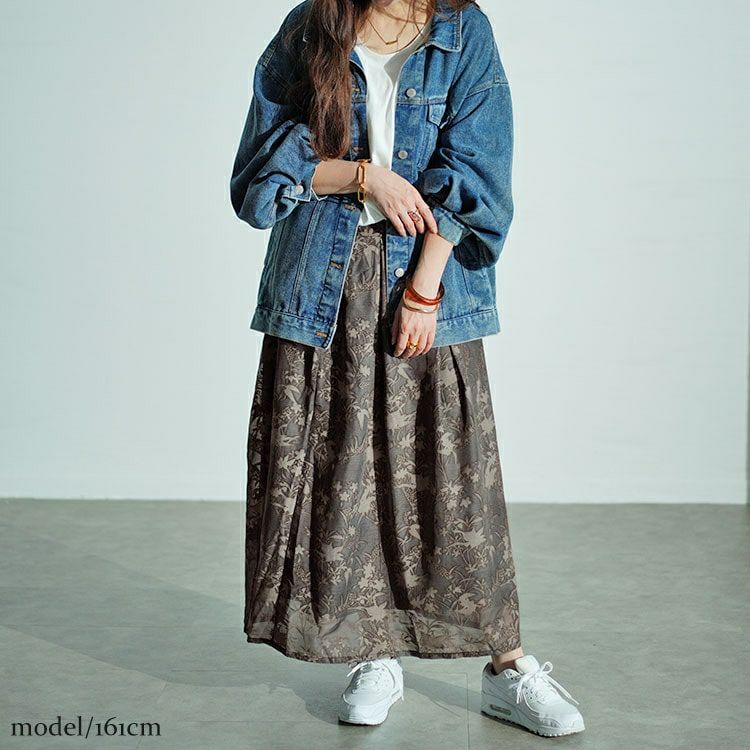 大きいサイズ レディース ボタニカル柄フロッキープリントタックフレアスカート　nw-24022