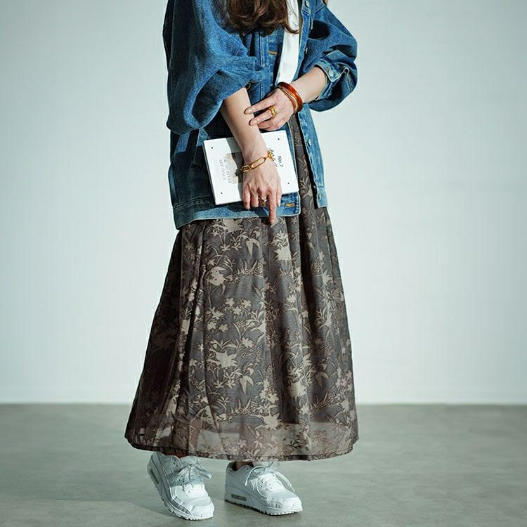 大きいサイズ レディース ボタニカル柄フロッキープリントタックフレアスカート　nw-24022