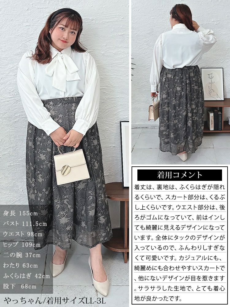 大きいサイズ レディース ボタニカル柄フロッキープリントタックフレアスカート　nw-24022