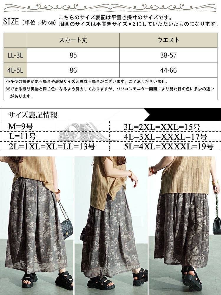 大きいサイズ レディース ボタニカル柄フロッキープリントタックフレアスカート　nw-24022
