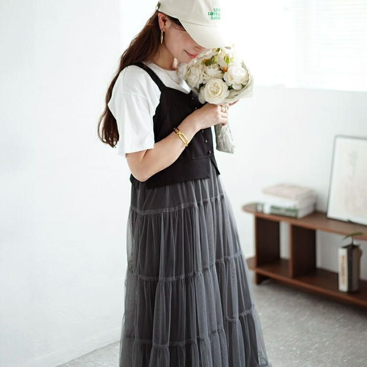 大きいサイズ レディース チュールティアードドッキングワンピース　nw-24016