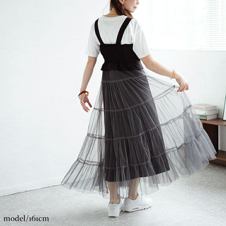 大きいサイズ レディース チュールティアードドッキングワンピース　nw-24016