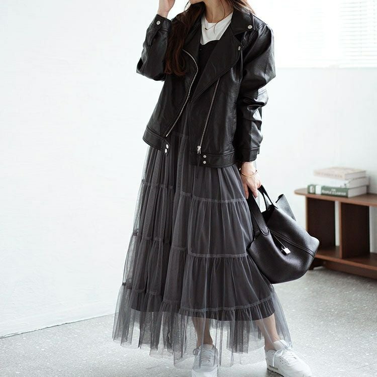 大きいサイズ レディース チュールティアードドッキングワンピース　nw-24016