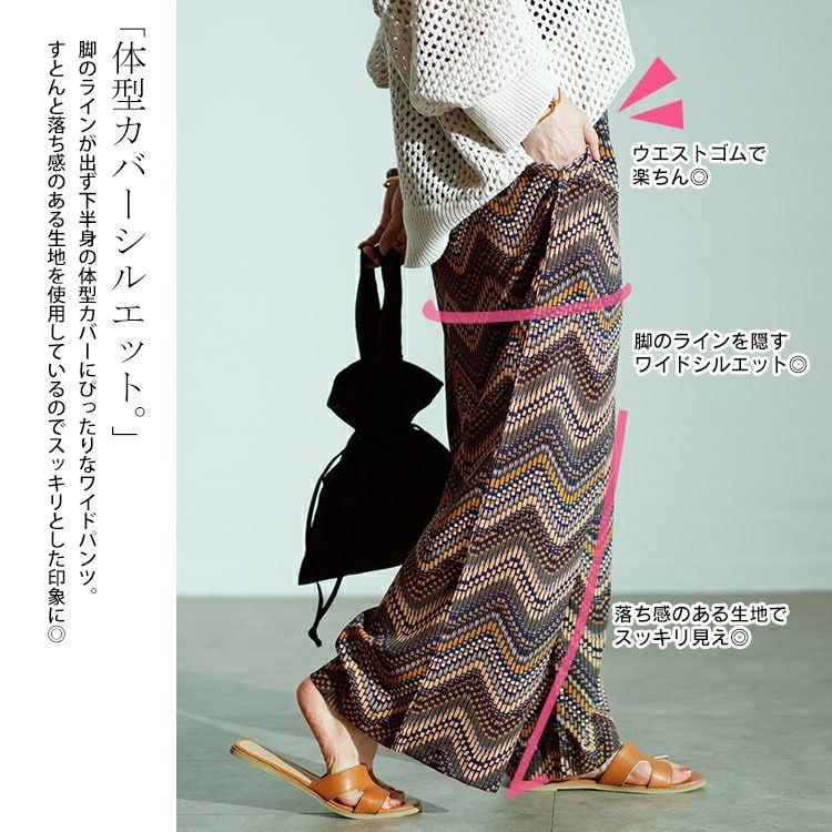 大きいサイズ レディース マルチウェーブ柄ワイドパンツ　maru-30035