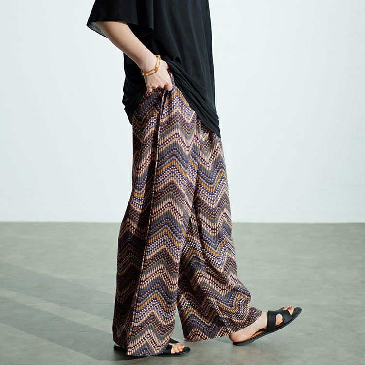 大きいサイズ レディース マルチウェーブ柄ワイドパンツ　maru-30035