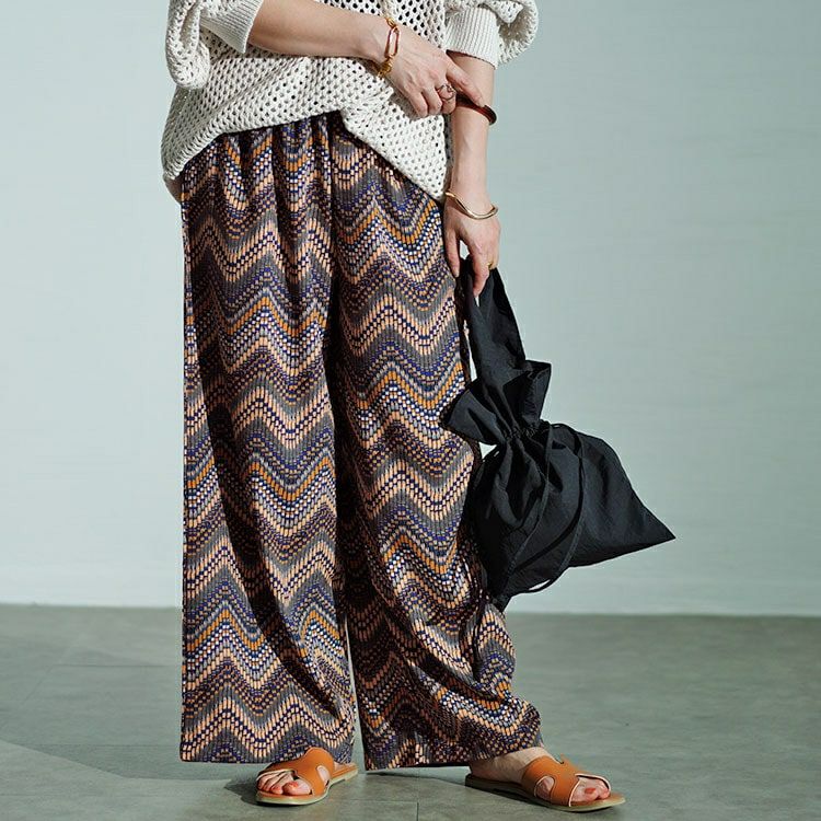大きいサイズ レディース マルチウェーブ柄ワイドパンツ　maru-30035