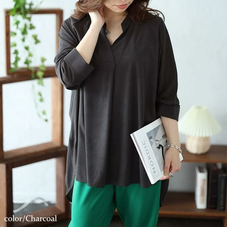 大きいサイズ レディース タック入りテールカットスキッパーブラウス　maru-30029 【メール便可】 チャコール