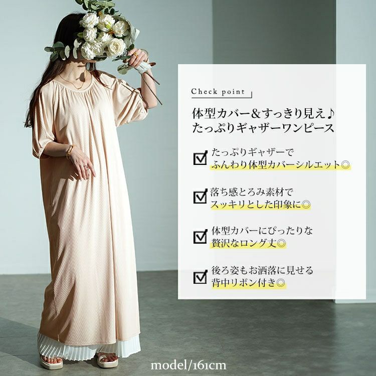 大きいサイズ レディース パフスリーブギャザーマキシワンピース　maru-30028