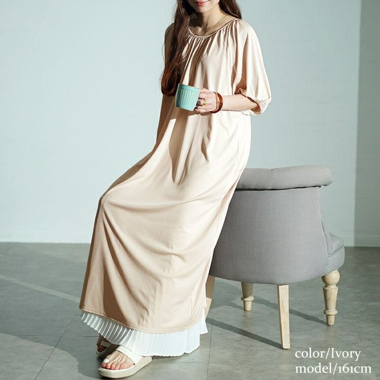 大きいサイズ レディース パフスリーブギャザーマキシワンピース　maru-30028