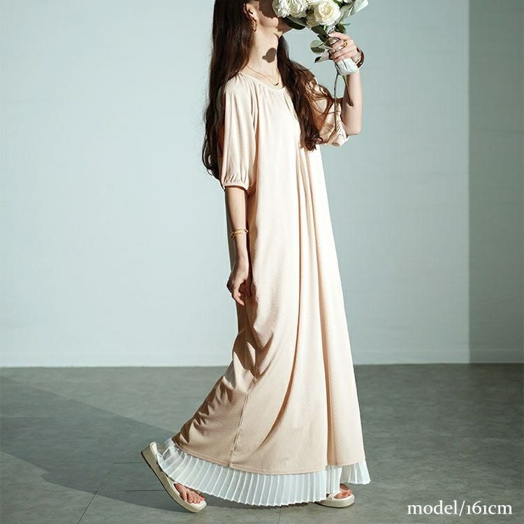 大きいサイズ レディース パフスリーブギャザーマキシワンピース　maru-30028