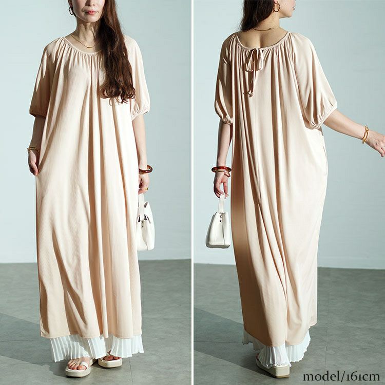 大きいサイズ レディース パフスリーブギャザーマキシワンピース　maru-30028