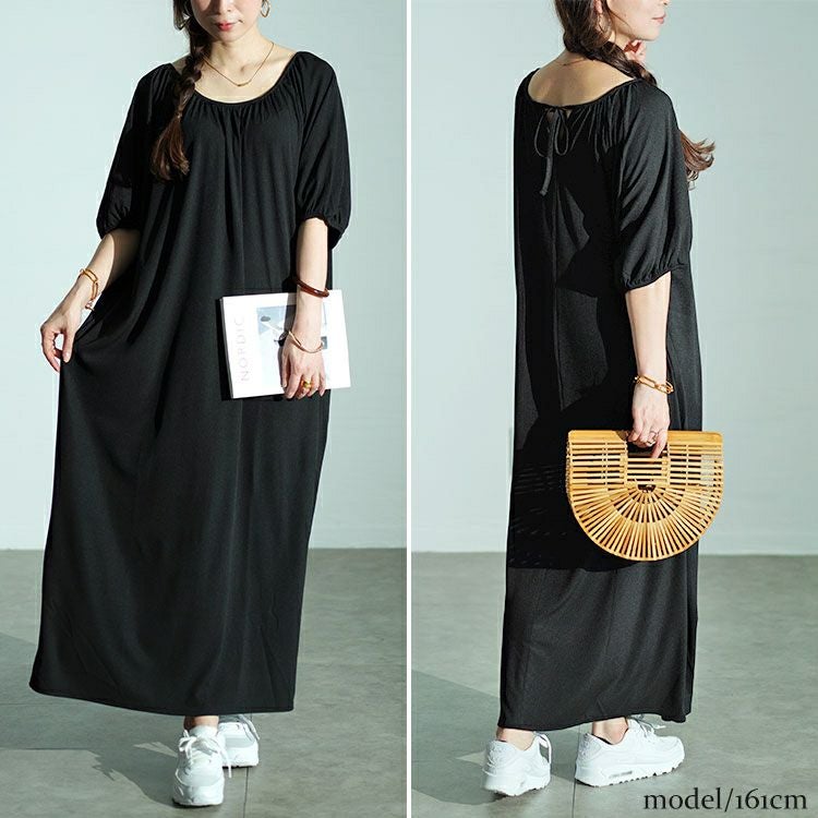 大きいサイズ レディース パフスリーブギャザーマキシワンピース　maru-30028