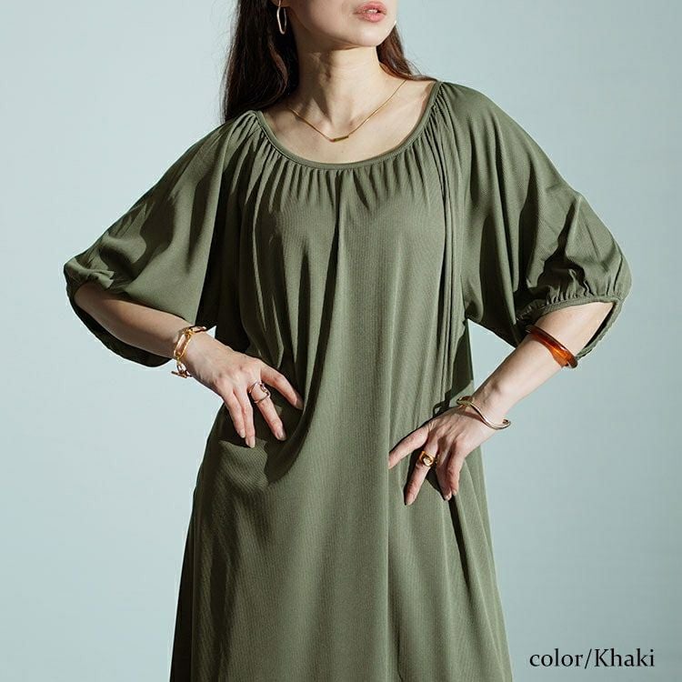 大きいサイズ レディース パフスリーブギャザーマキシワンピース　maru-30028