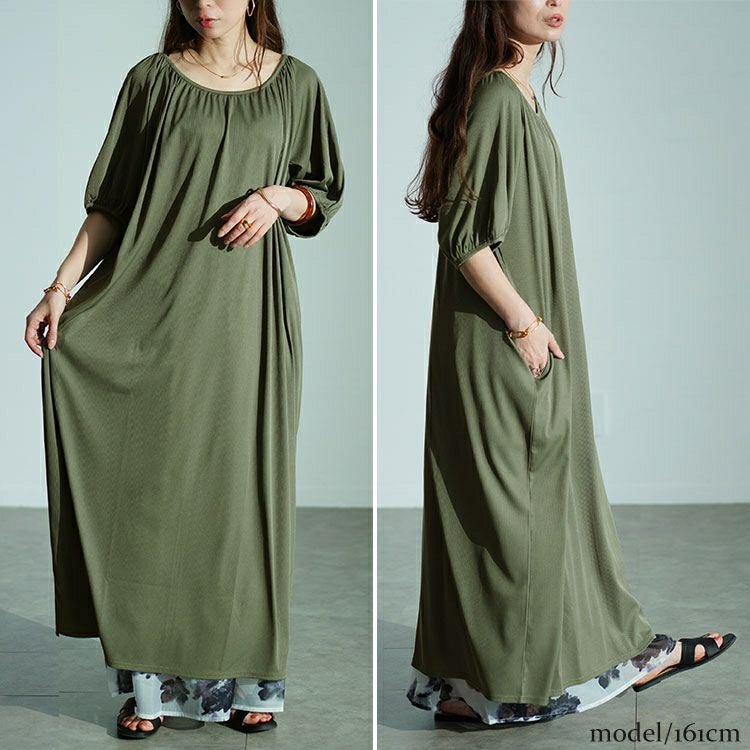 大きいサイズ レディース パフスリーブギャザーマキシワンピース　maru-30028