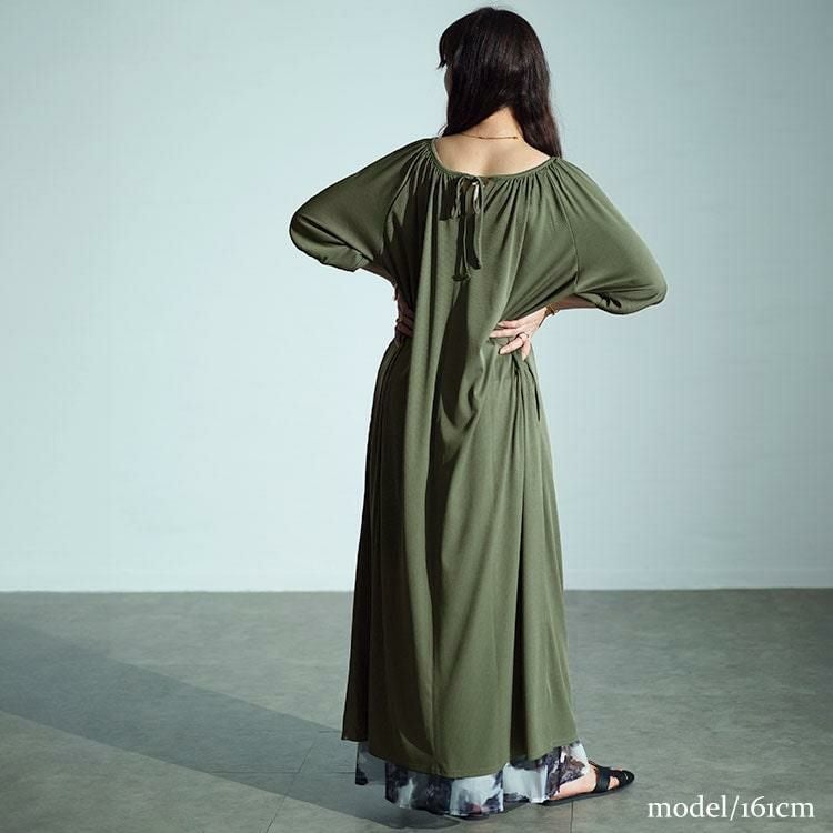 大きいサイズ レディース パフスリーブギャザーマキシワンピース　maru-30028 カーキ