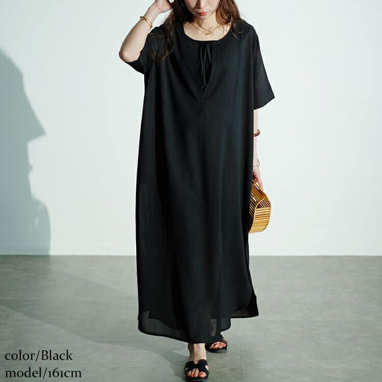 大きいサイズ レディース フロントリボンサイドスリットマキシワンピース　maru-30027