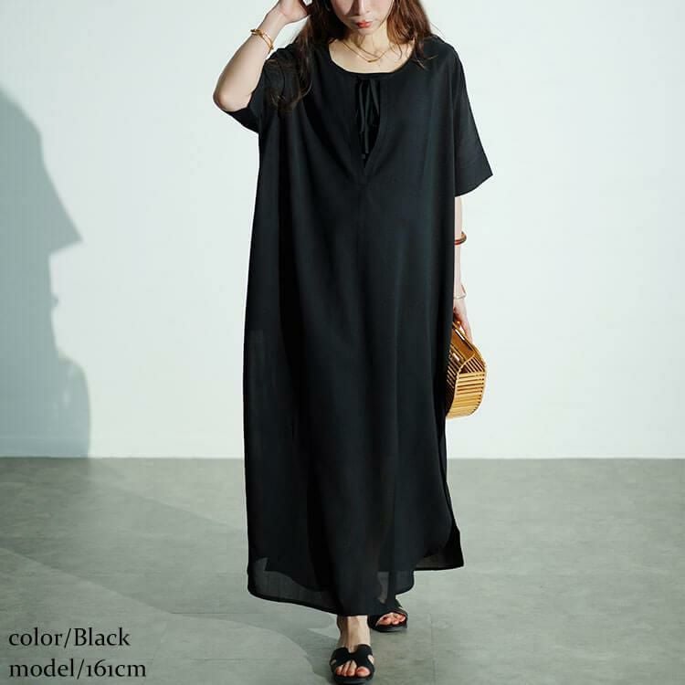 大きいサイズ レディース フロントリボンサイドスリットマキシワンピース　maru-30027 ブラック