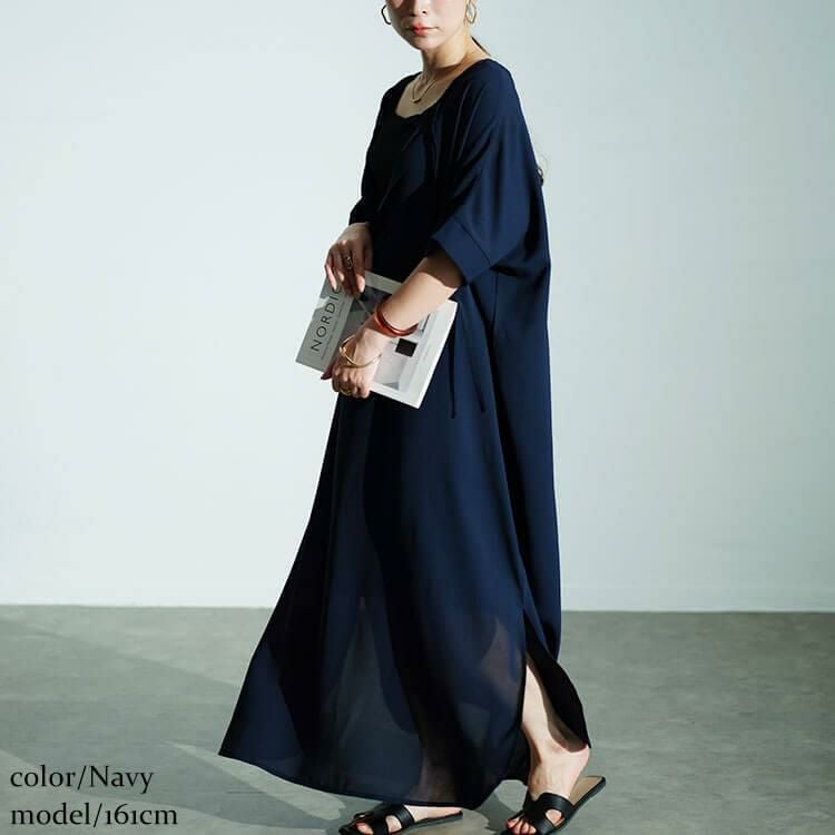 大きいサイズ レディース フロントリボンサイドスリットマキシワンピース　maru-30027 ネイビー