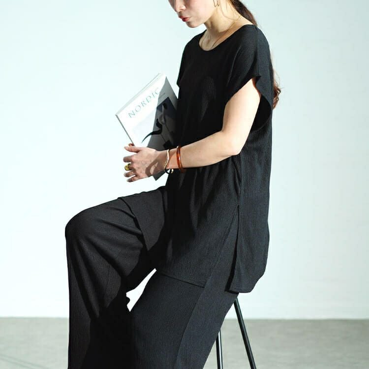 大きいサイズ レディース ワッシャー楊柳チュニックTシャツ＆ワイドパンツセットアップ　maru-30025