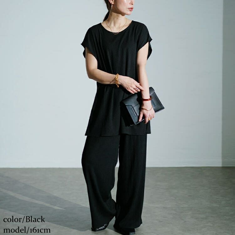 大きいサイズ レディース ワッシャー楊柳チュニックTシャツ＆ワイドパンツセットアップ　maru-30025