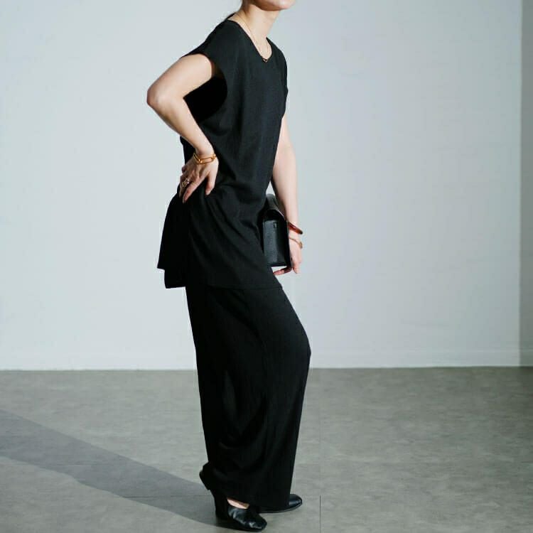 大きいサイズ レディース ワッシャー楊柳チュニックTシャツ＆ワイドパンツセットアップ　maru-30025