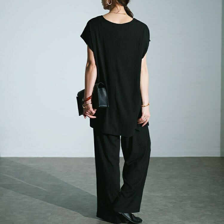 大きいサイズ レディース ワッシャー楊柳チュニックTシャツ＆ワイドパンツセットアップ　maru-30025