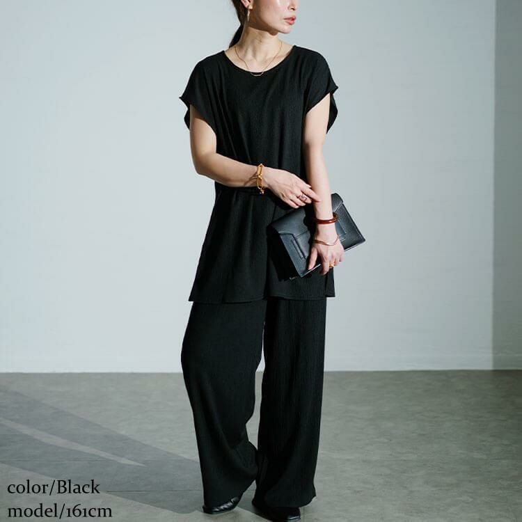 大きいサイズ レディース ワッシャー楊柳チュニックTシャツ＆ワイドパンツセットアップ　maru-30025 ブラック