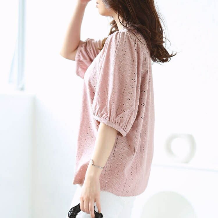 大きいサイズ レディース 刺繍レースパフスリーブプルオーバー　maru-30023 【メール便可】