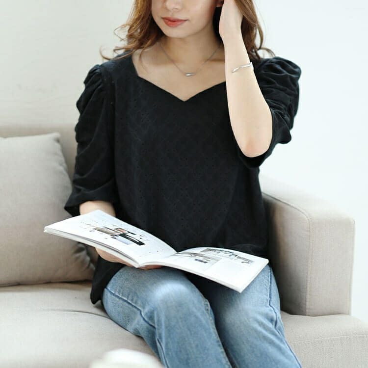 大きいサイズ レディース パワーショルダーダイヤネックレースプルオーバー　maru-30022 【メール便可】