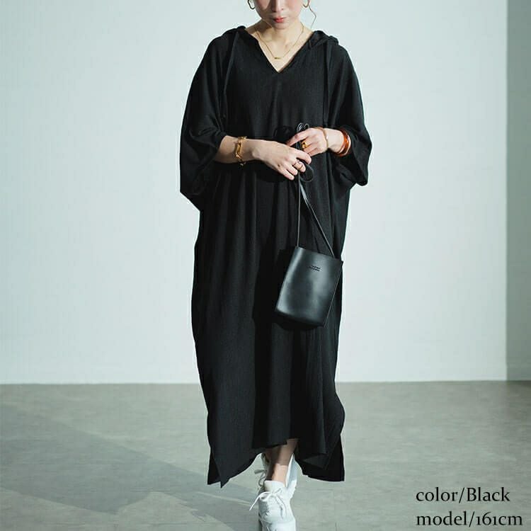大きいサイズ レディース ワッシャー楊柳フード付きドルマンワイドワンピース　maru-30021