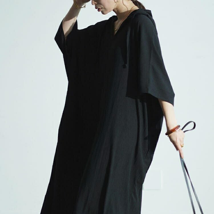 大きいサイズ レディース ワッシャー楊柳フード付きドルマンワイドワンピース　maru-30021