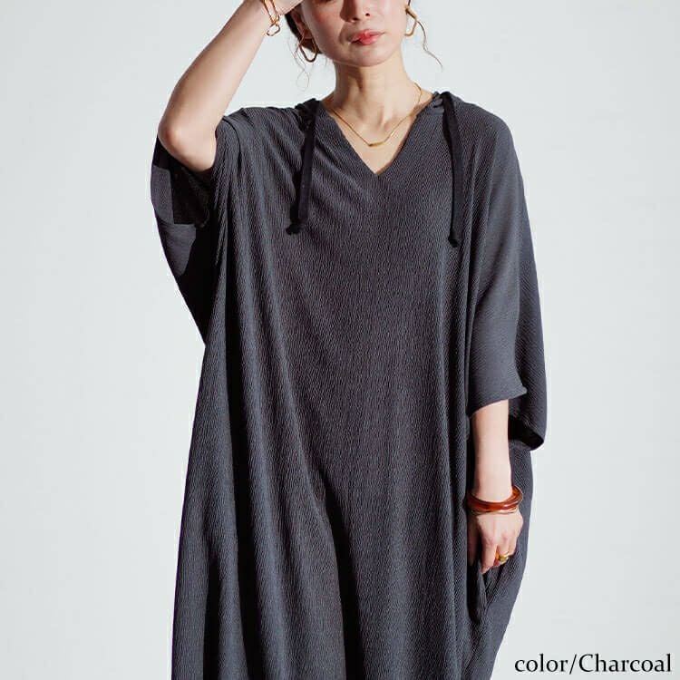 大きいサイズ レディース ワッシャー楊柳フード付きドルマンワイドワンピース　maru-30021