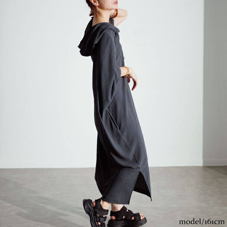 大きいサイズ レディース ワッシャー楊柳フード付きドルマンワイドワンピース　maru-30021