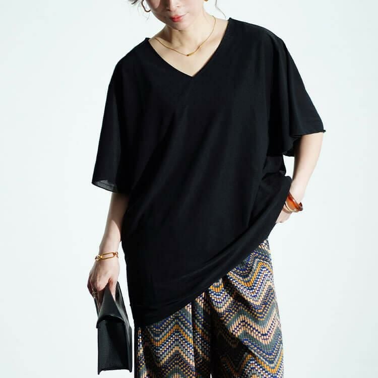 大きいサイズ レディース フレアスリーブストレッチチュニック　maru-30020 【メール便可】 ブラック