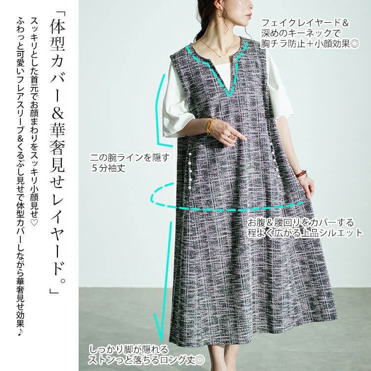 大きいサイズ レディース ストレッチツイードパールボタン付きレイヤード風ワンピース　maru-30018