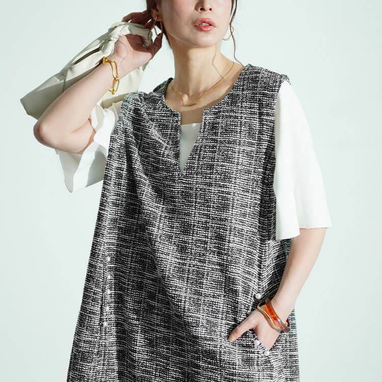 大きいサイズ レディース ストレッチツイードパールボタン付きレイヤード風ワンピース　maru-30018